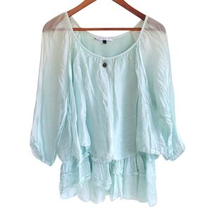 Tempo Paris 100% Silk Sheer 3/4 Sleeve Biat Neck 2 Layer Top Mint Green Small